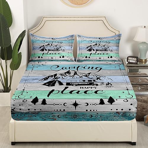 Vista 41 de Camper Decor Sábanas de cama Happy Camping, sábana bajera ajustable de campamento con juego de cama de montaña, juego de cama de verano para Multi 04