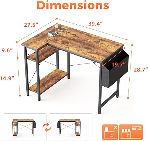 Miniatura 2 de Mericonia Escritorio pequeño en forma de L para computadora con tomas de corriente, escritorio de juegos para espacios pequeños, escritorio de