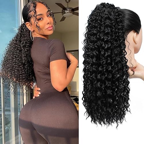 Cola de caballo rizada con cordón para mujeres negras, 18 pulgadas, afro, rizado, aspecto natural, extensiones de cabello sintético con clip para disponible en Yaxa Peru