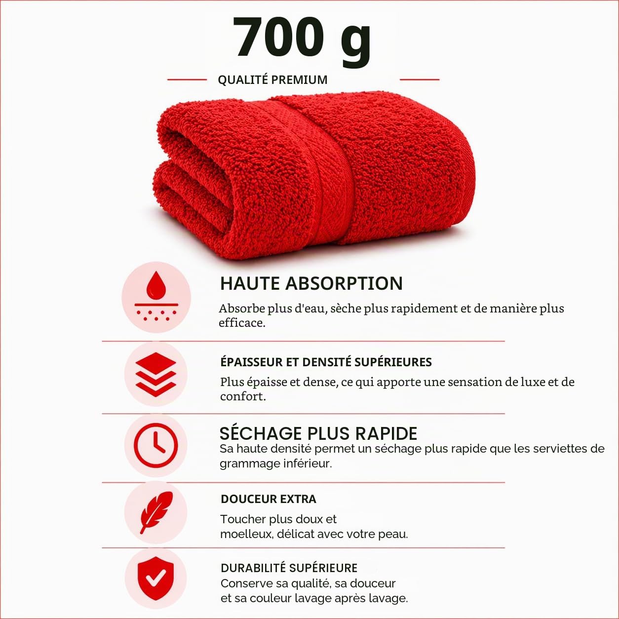 TRAMAS+ Serviette de Bain 100% Coton 700g |2(50x100)+2(70x140) Rouge