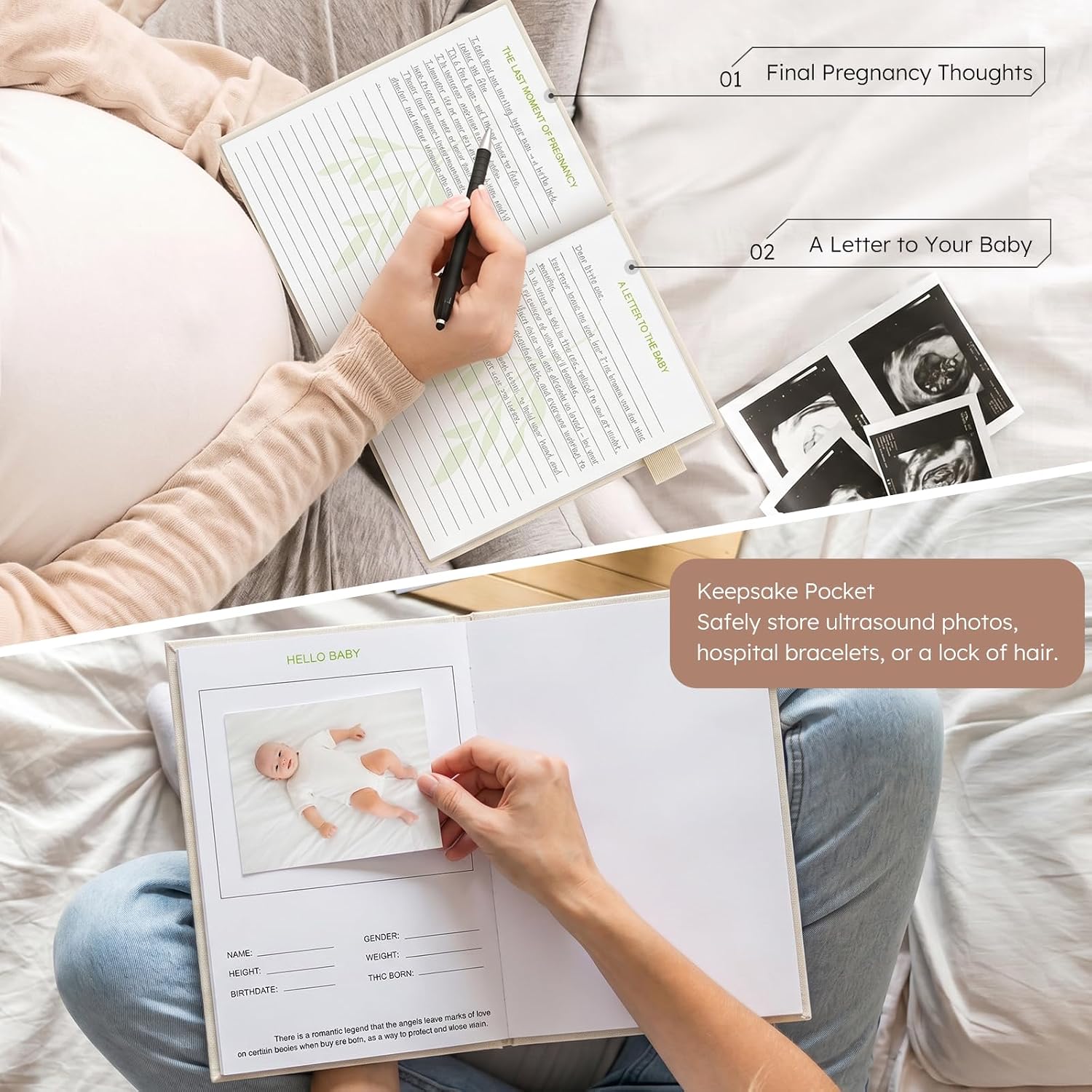 JUBTIC Pregnancy Journal, Baby Book Keepsake, Beige Linen Hardcover | 128-Page Linen Hardcover Memory Book, 9.84" x 6.69", Pregnancy Milestones, Ultrasound Photos, Baby Memories