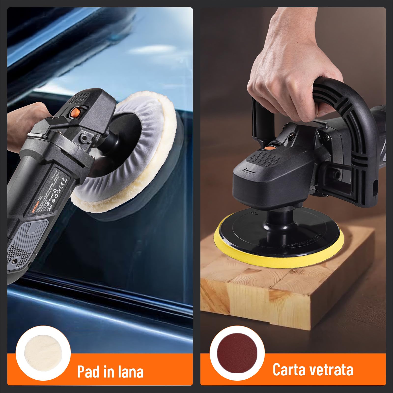 PLS03A Lucidatrice per Auto 1500W, Lucidatrice Rotativa 180 mm/150 mm, 6 Velocità Variabili (600–3000 giri/min), Manico Rimovibile, Kit Lucidatrice per Auto per Car Detailing, Lucidatura e Ceratura