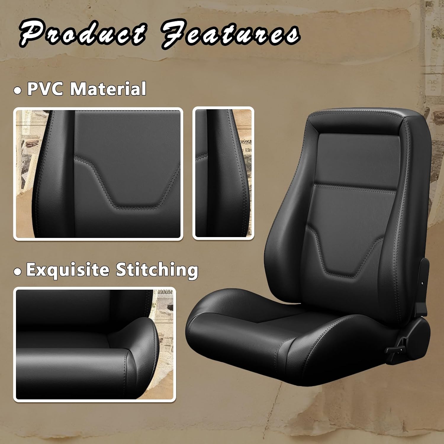 1 Pair Universal Classic PVC Reclinable OBS Style Seats Low Back Bucket Seats with Dual Sliders Not Including Seat Bracket 22.4'' (D) x 21.5'' (W) x 29.5'' (H)