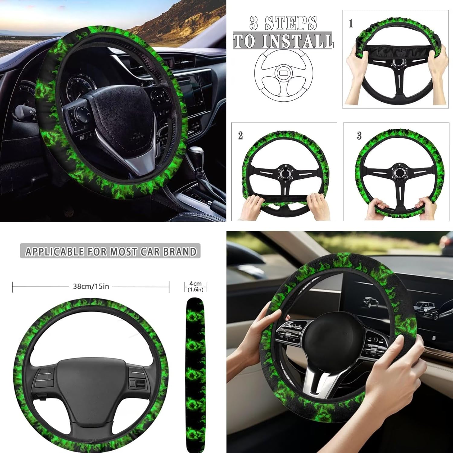 16 PCS Green Flaming Skull Auto Interior Accessories Car Seat Covers with Auto Steering Wheel Cover Seat Belt Covers Car Trash Can Center Console Pad Headrest Cover Coaster Keychains