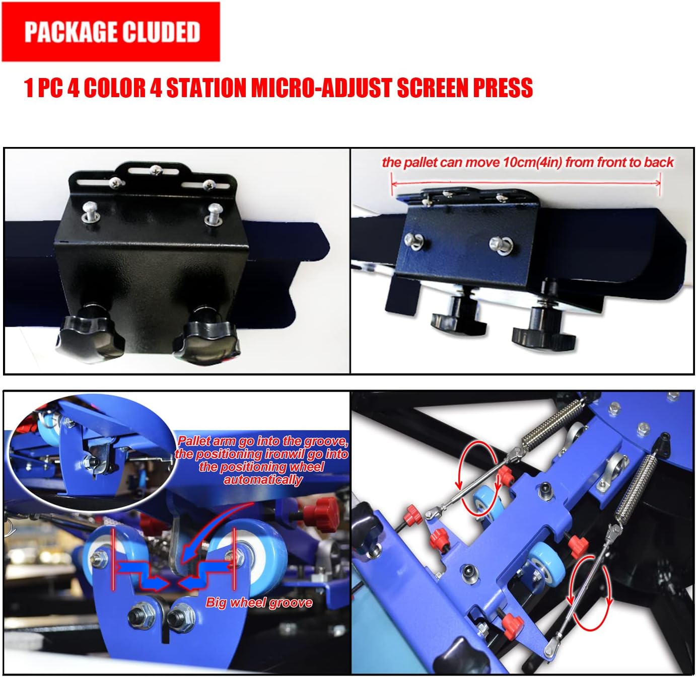 Tianiuseen 4 Color 4 Station Screen Printing Kit Micro-Adjust Silk Printing Press Silk Printing Press Equipment Material for T-Shirt DIY