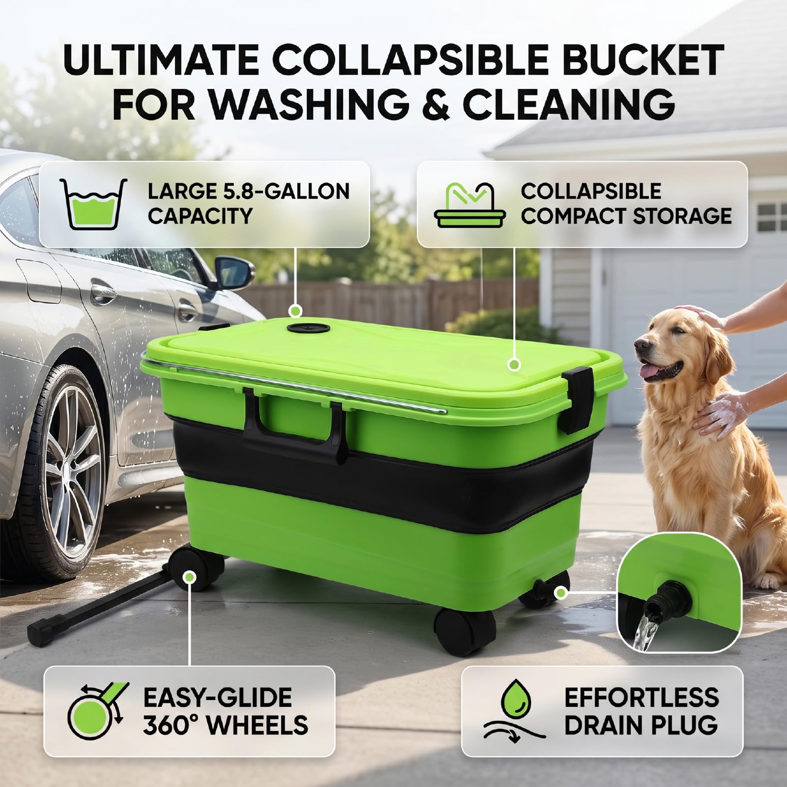 Seau Pliable de 22 litres avec Couvercle Verrouillable, roulettes et Tige de Traction, Système de Drainage Au Fond, Silicone PP, Se Replie à 12 CM pour Le Lavage de Voiture