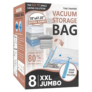 Cozy Essential Vacuum Storage Bags, 80% Compression Vacuum Seal Space Saver Plastic Packaging Bags for Clothes, Blankets, Pillow, Bedding, Comforters, Sealer Clothing Storage,8 XXL Jumbo - Amazon product rated Grade A
