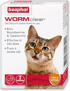Beaphar | WORMclear® Tablets for Cats | Kills All Common UK Intestinal Worms (Roundworms & Tapeworms) | Vet Strength Treatment | Meat-Flavoured | 2 Tablets (Pack of 1)