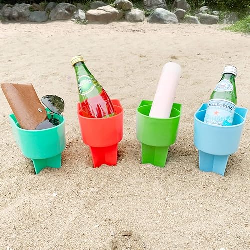 Home Queen Portavasos de playa con bolsillo, soporte multifuncional para bebidas y lentes de sol, accesorio de playa, posavasos de arena, juego de 4