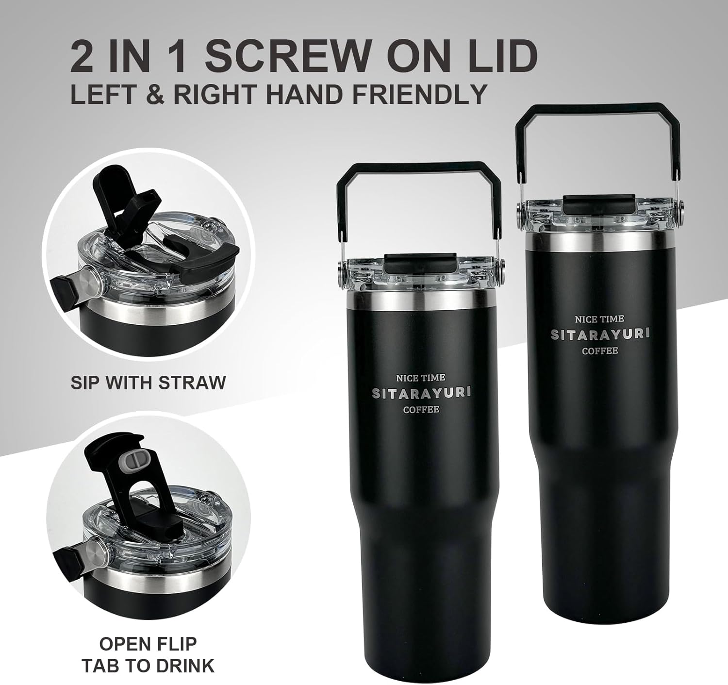 Insulated tumbler with lid and straw,tumbler with handle and flip straw cup traveler 30 oz water bottle mug Vacuum Sealed Cupholder Friendly BPA-Free Leak-Proof (Black) - Image 2