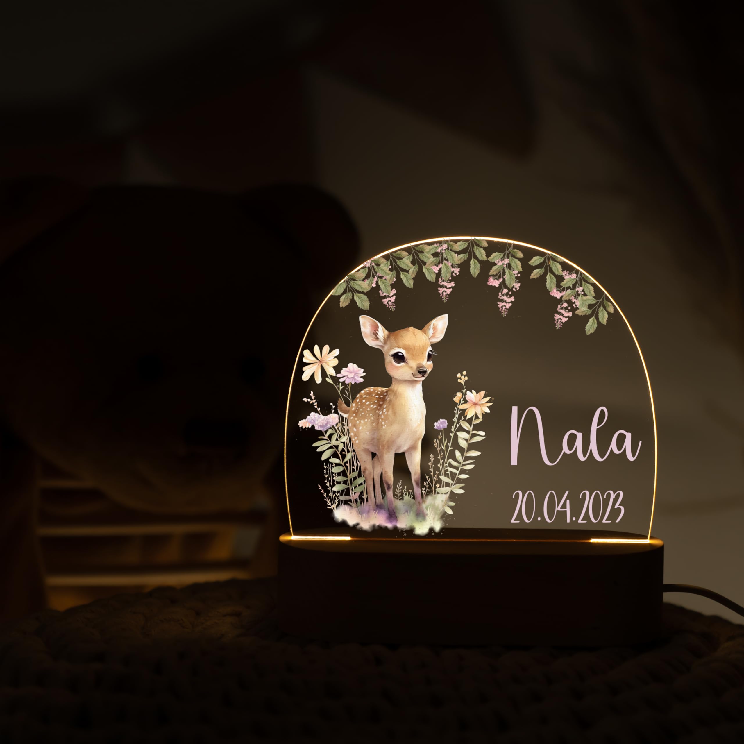 Kidsmood - Nachtlicht Baby - Personalisiertes Nachttischlampe mit Name & LED Stillicht Kinderzimmer, dimmbar - Geschenk zur Geburt, Taufe & Geburtstag für Mädchen & Jungen [Fuchs Floral]