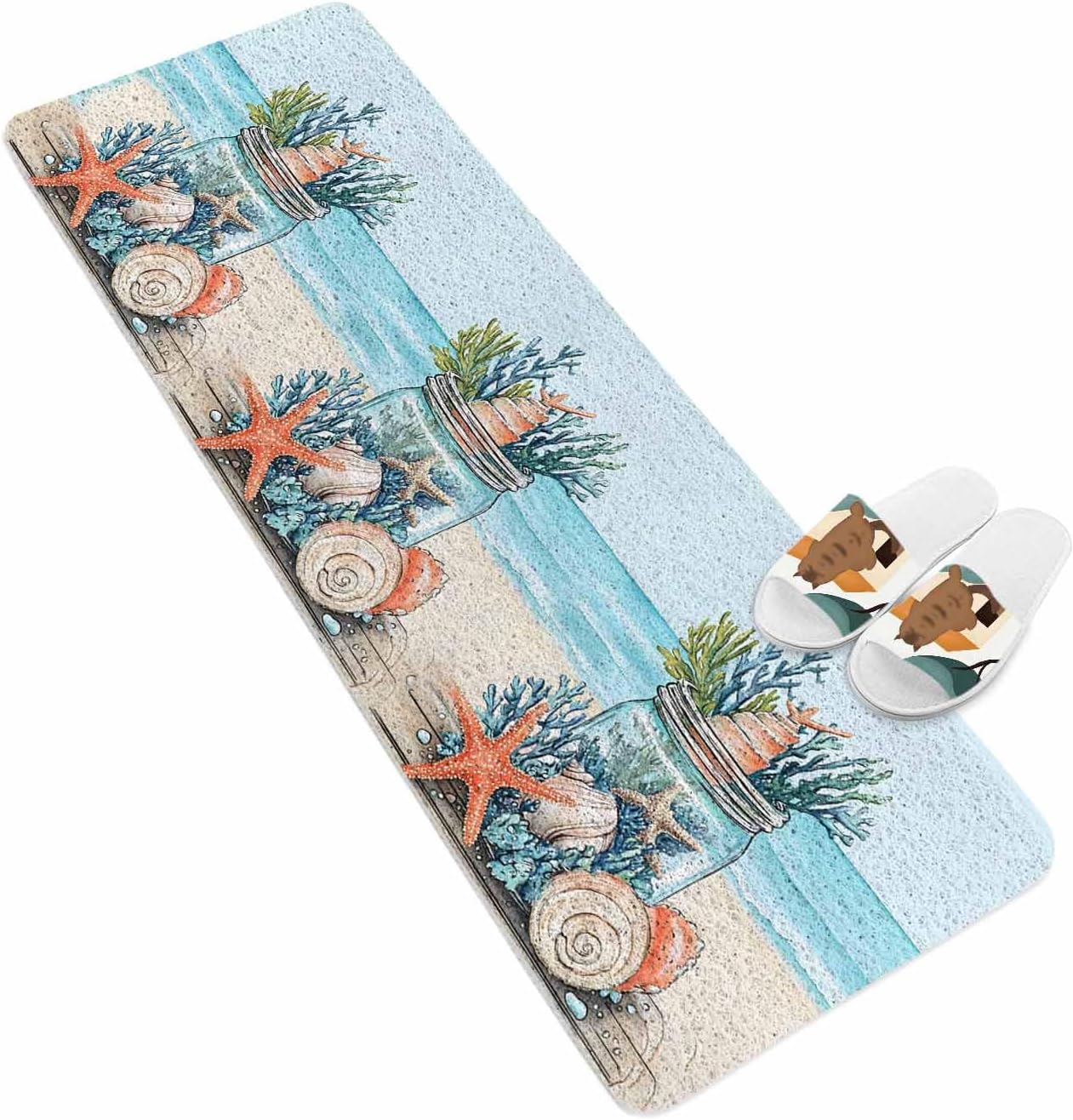 Summer Coral Non-Slip Bathtub Mat, Seashell Starfish in Glass Bottle Ocean Beach PVC Bath Mat for Tub Quick Drying Shower Mats for Inside Shower, Foot Scrubber Loofah Bathroom Mats 36x16 Inches