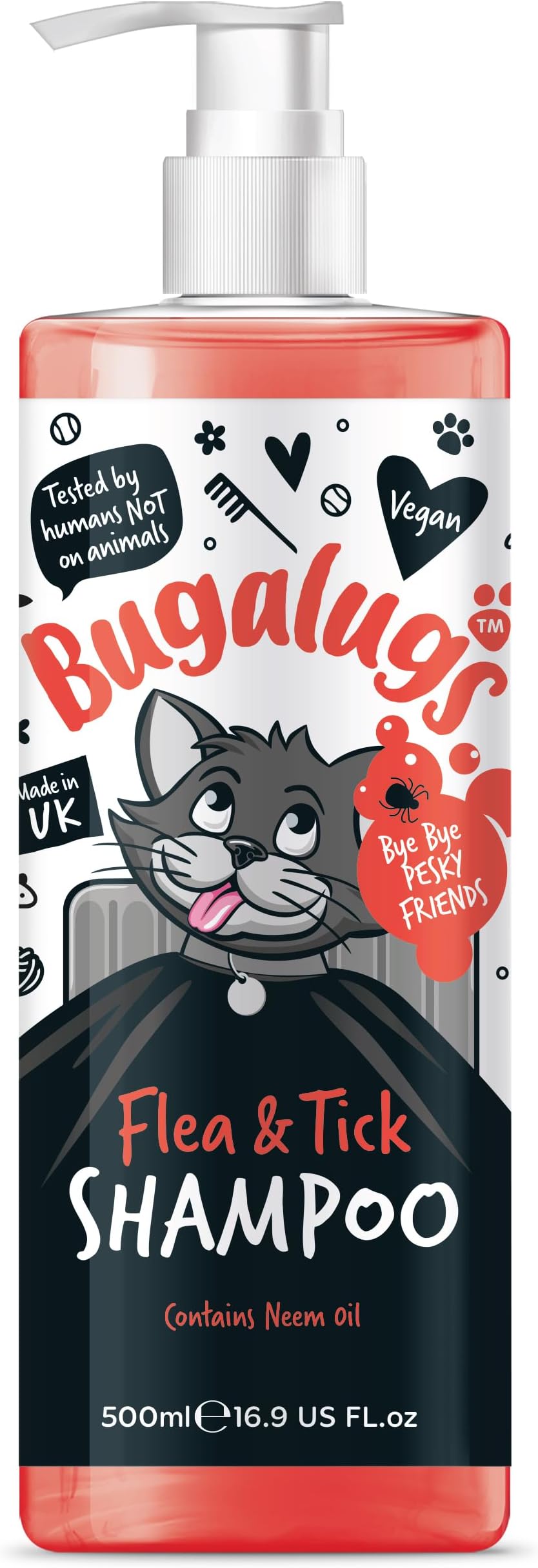 Flea and Tick Cat Shampoo by Bugalugs 500ml, Deep Cleansing for Cats for Fleas, Ticks & Mites contains Neem Oil, PH Balanced Vegan (500ml Flea Shampoo)