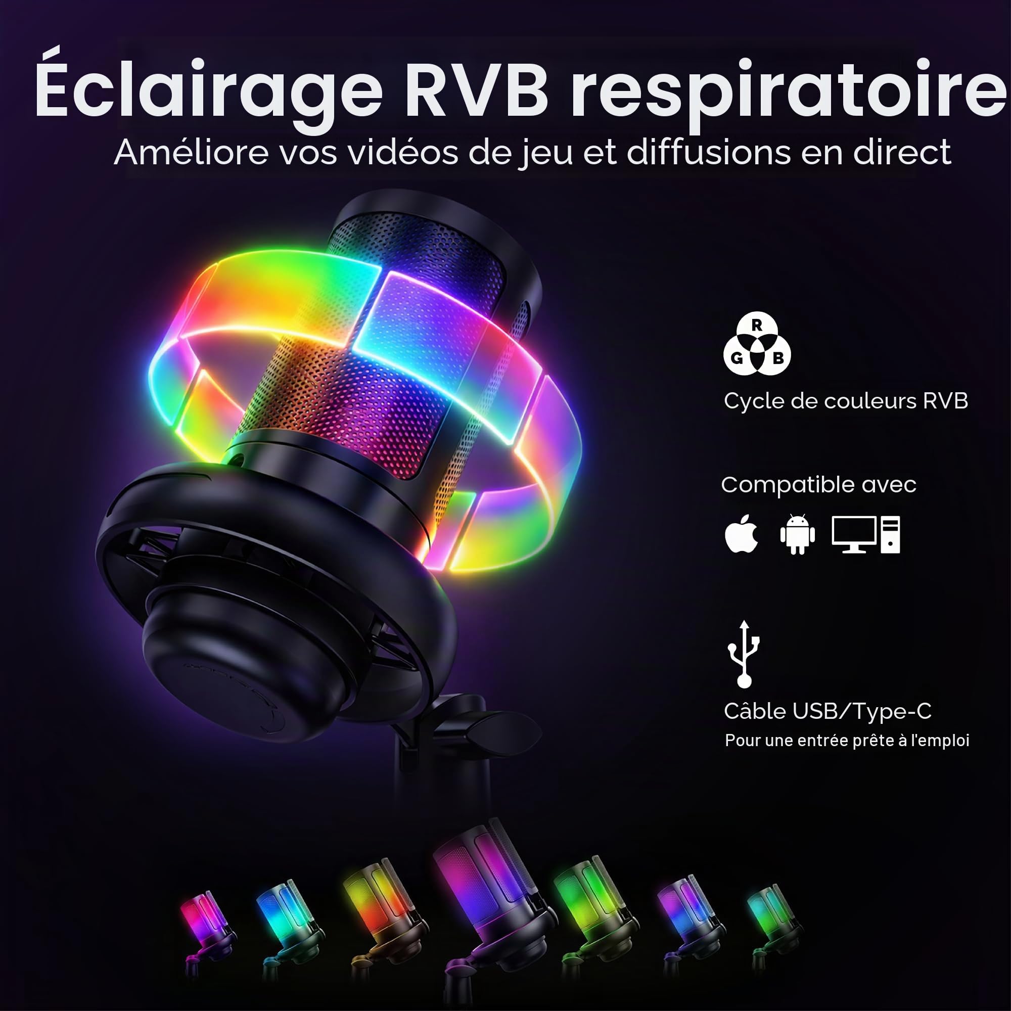 Kit de streaming vidéo en direct, comprend une webcam 1080p 30 fps et un microphone USB RVB, une lumière LED réglable pour Twitch, YouTube, Podcast et WFH. Pour PC, Mac, Windows et ordinateurs