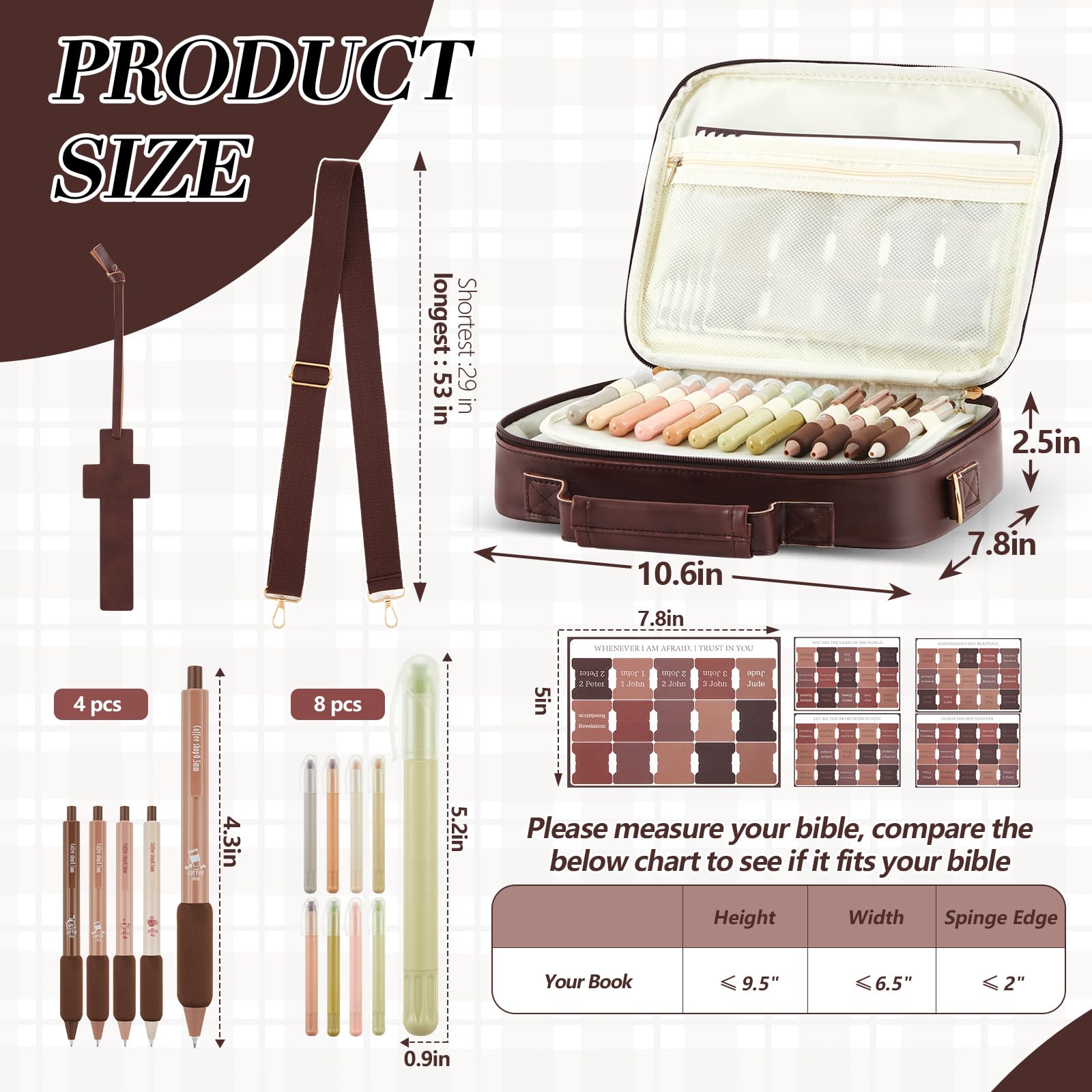Sinload Étui de bible vintage en cuir avec onglets de la Bible, 4 stylos gel, 8 surligneurs, étui de bible avec bandoulière pour étude, sac d'église fabriqué à la main et cadeau religieux pour homme