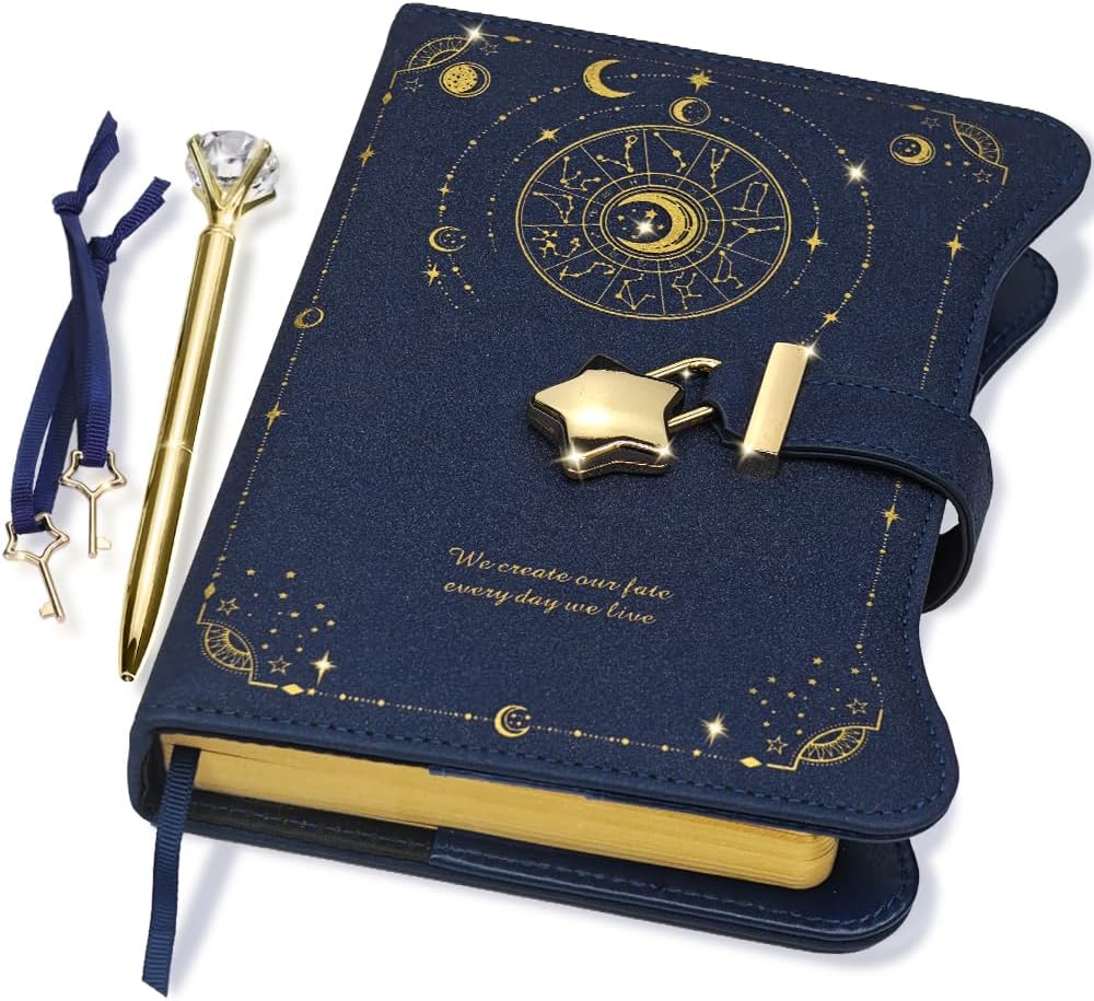 Hoci Poci Diary with Lock and Keys for Girls Gift Ideas, 360 Kraft Pages Journal for Women, B6 Refillable Notebook for Writing with Pen and Bookmark (Astro Blue)