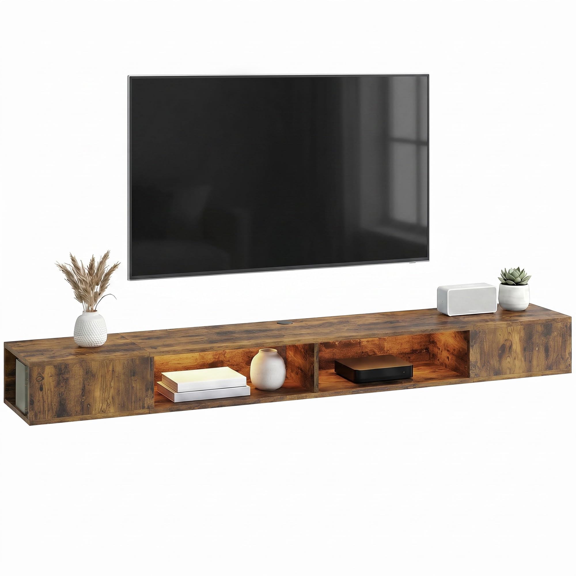 HOMCOM TV Stand for TVs up to 75 Inch, Industrial Entertainment Center with RGB LED Lights, USB Powered, Wall-Mounted Media Console Table with 4 Open Storage Shelves for Living Room, Rustic Brown
