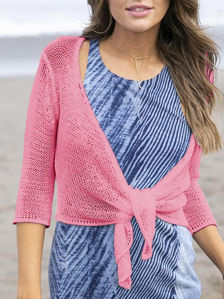YeMgSiP Women's Tie Front Shrug 3/4 Sleeve Bolero Sheer Knotted Lightweight Cardigan Sweaters Short Shawl Tops - Image 4