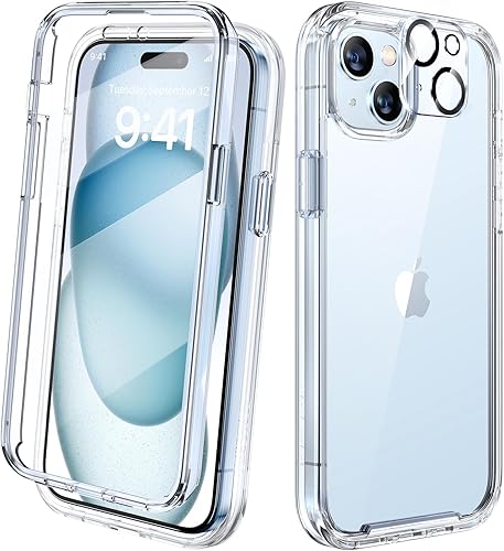 Diaclara Diseñada para iPhone 15, funda resistente de cuerpo completo con protector de pantalla integrado sensible al tacto y antiarañazos, con