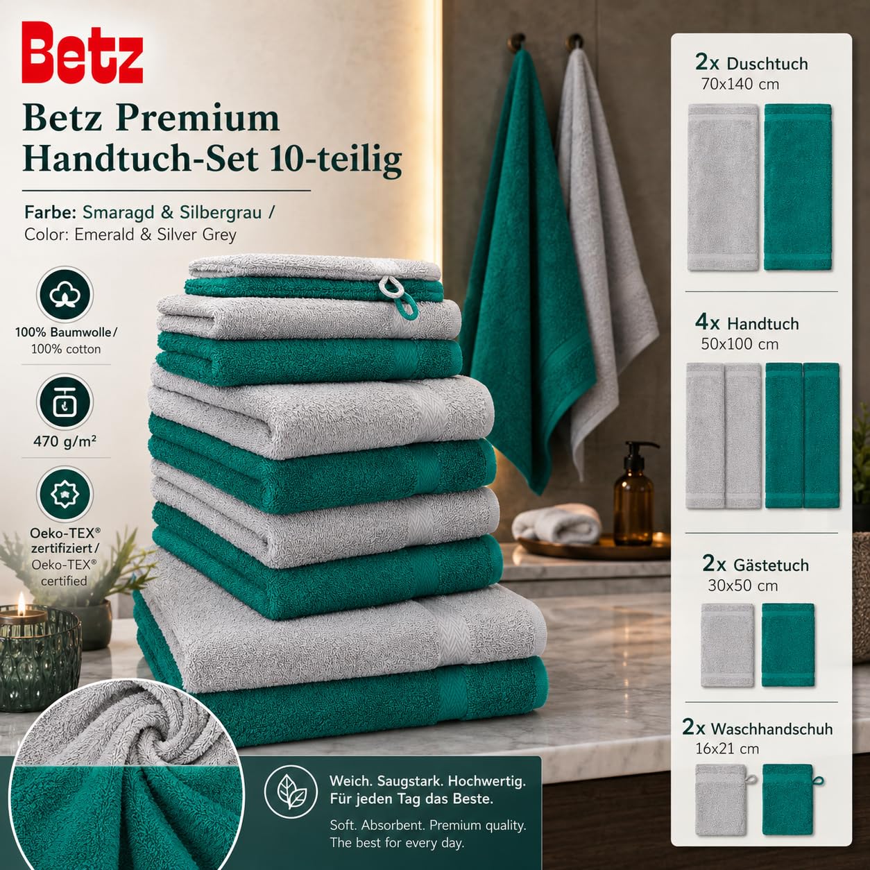 Betz 10-częściowy zestaw ręczników premium 100% bawełna 2 ręczniki kąpielowe 4 ręczniki do rąk 2 ręczniki dla gości 2 rękawice do mycia kolor szmaragd zielony i srebrny szary