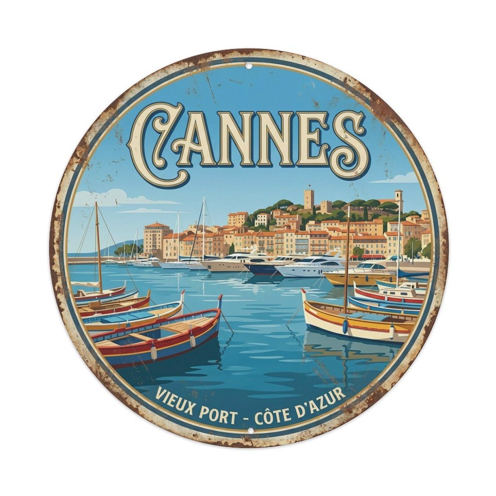 Old Harbor of Cannes Coastal Travel Vintage Metal Tin Sign