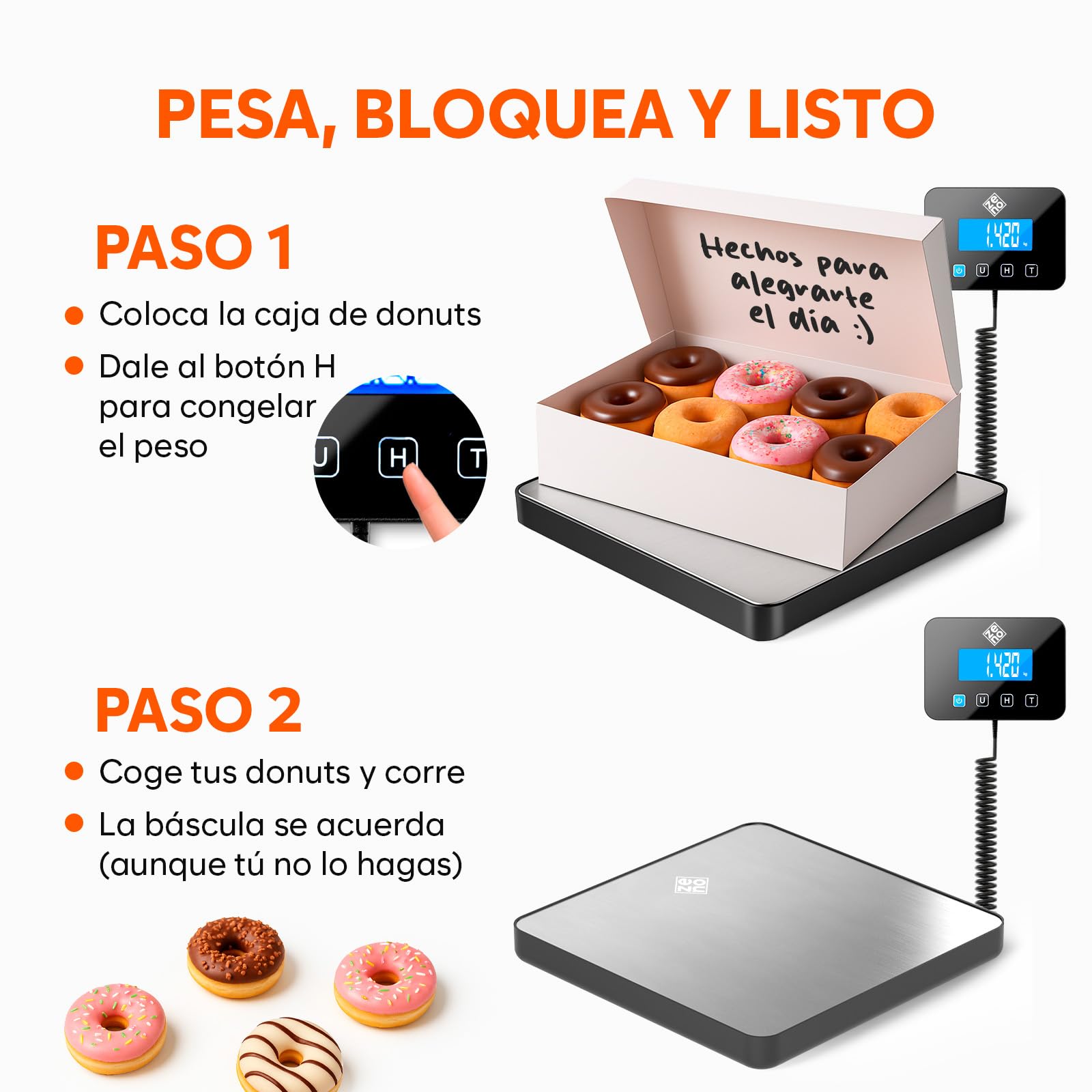Bascula Industrial - 200 kg/10 g - Bascula Comercial de Alta precisión con Función de Retención/Tara - Perfecta para Paquetes, Equipaje, Uso Profesional - Batería y cable incluidos - Plata
