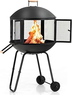 ORALNER Portable Fire Pit on Wheels, 27” Outdoor Wood Burning Firepit Ca...