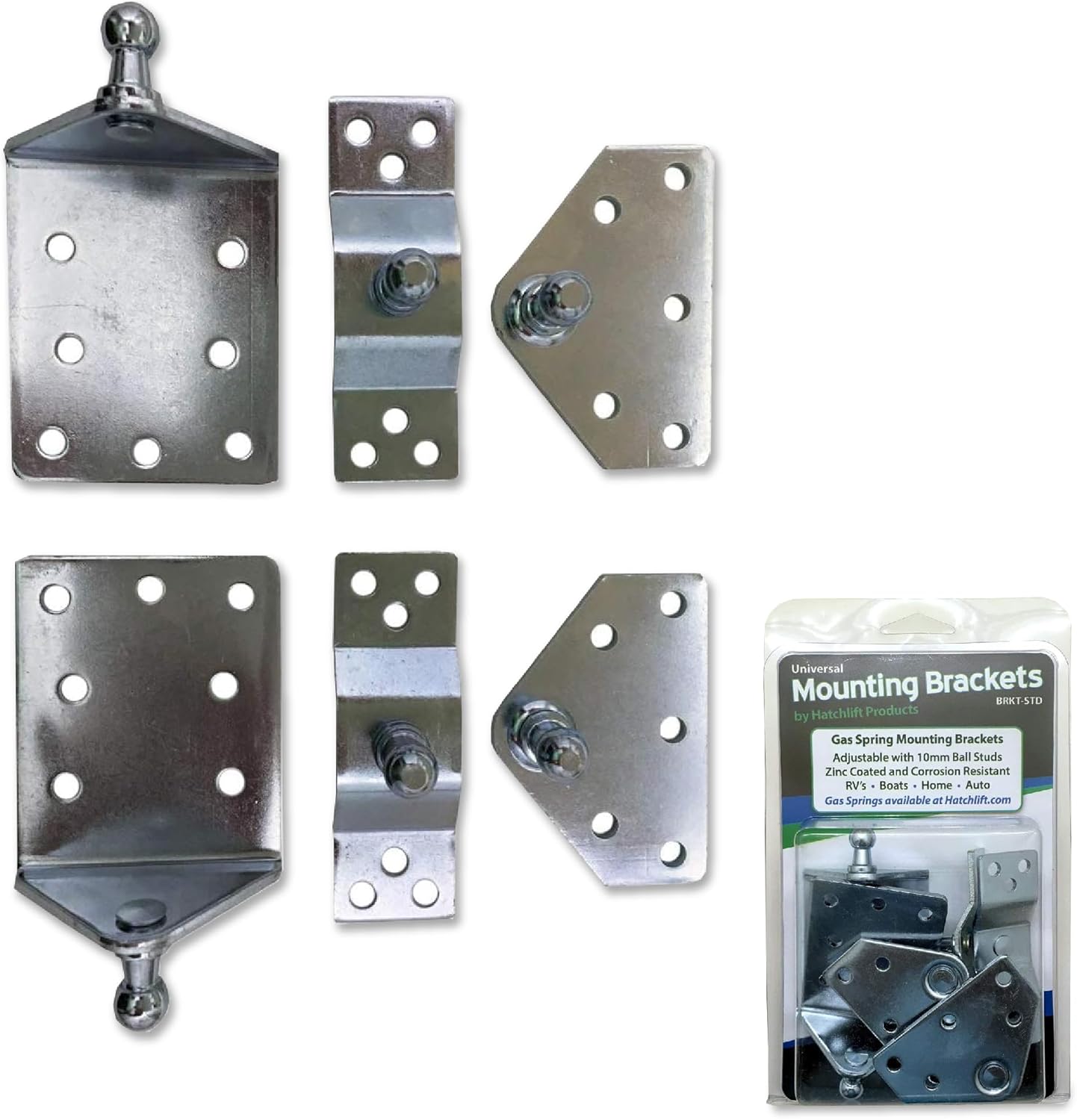 Hatchlift Mounting Brackets - Adjustable Shock Mount Kit with Ball Studs, Nyloc Nuts, Zinc-Coated Steel for RVs, Marine, Truck Toppers, Cabinets, Gas Struts, Automotive Use - 10mm, Standard
