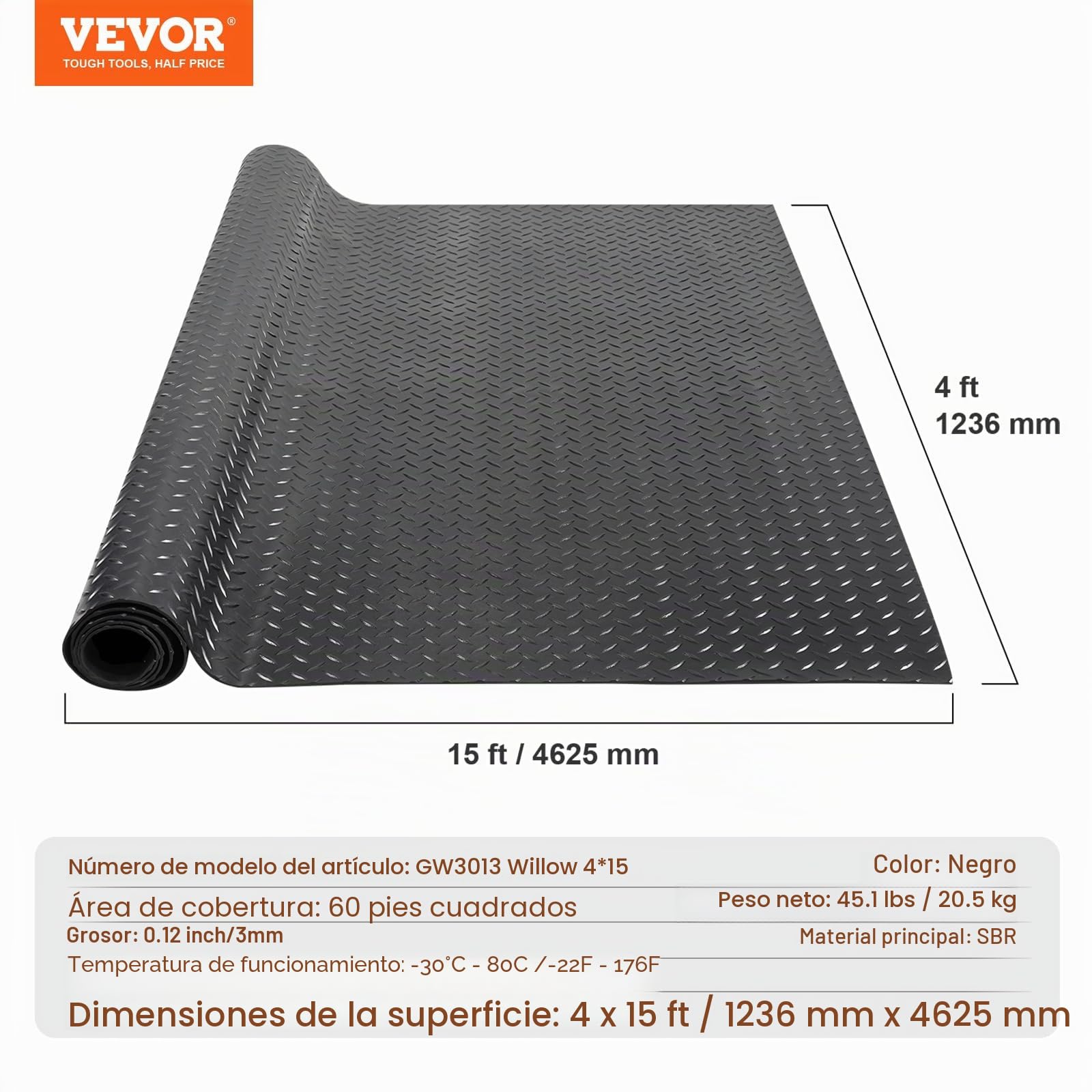 VEVOR Alfombrilla para Suelo de Garaje 1236x4625 mm Rollo SBR Suelo de Goma Patrón 3D Grosor 3 mm Impermeable Fácil de Limpiar para Proteger el Suelo Debajo del Coche, Garaje, Gimnasio, Negro