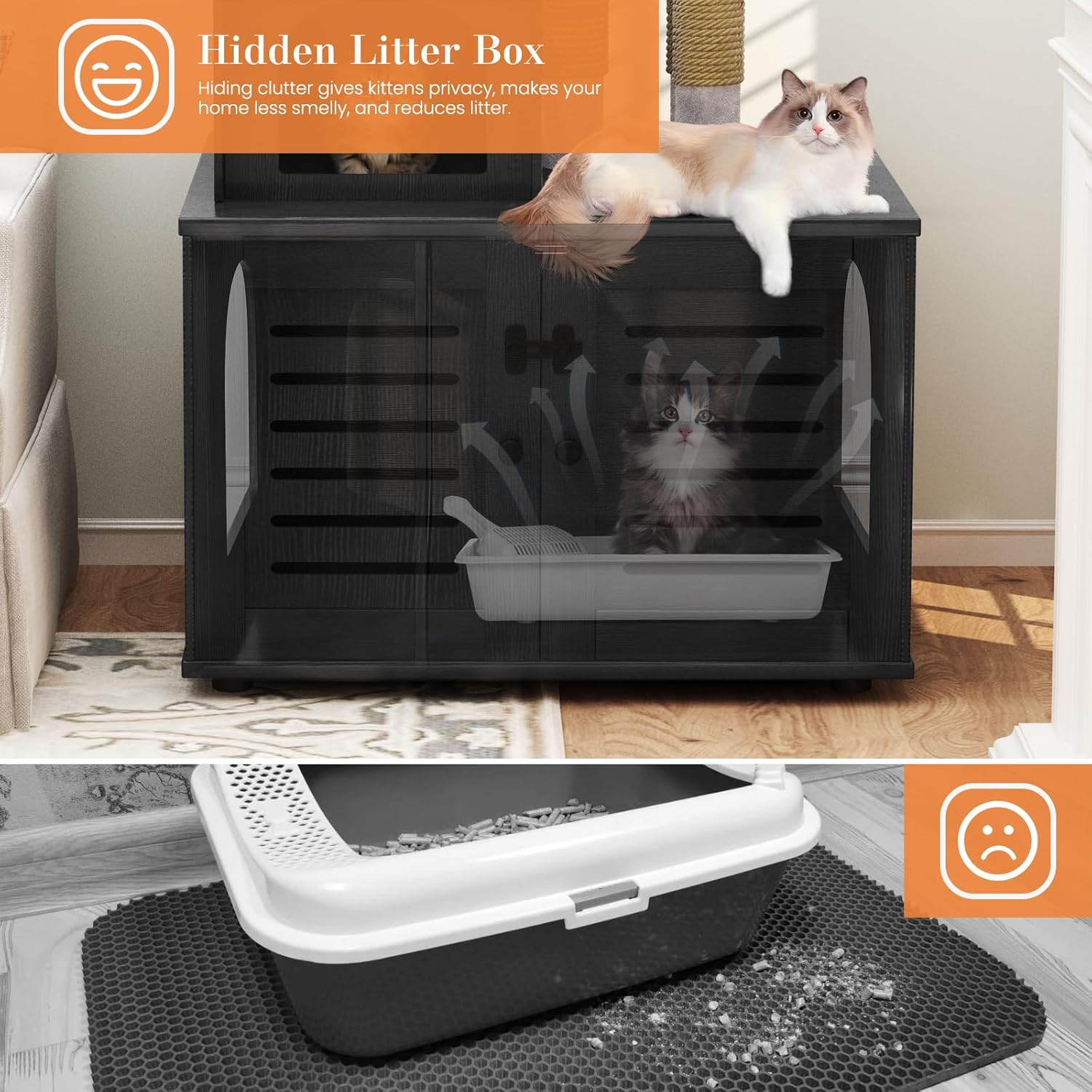 DKLGG Large Wooden Cat Tree House with Hidden Litter Box Enclosure | Multi-Functional Cat Furniture Featuring Sisal Scratching Post, Plush Perch Platform & Divided Condo for Indoor Cats (Black)