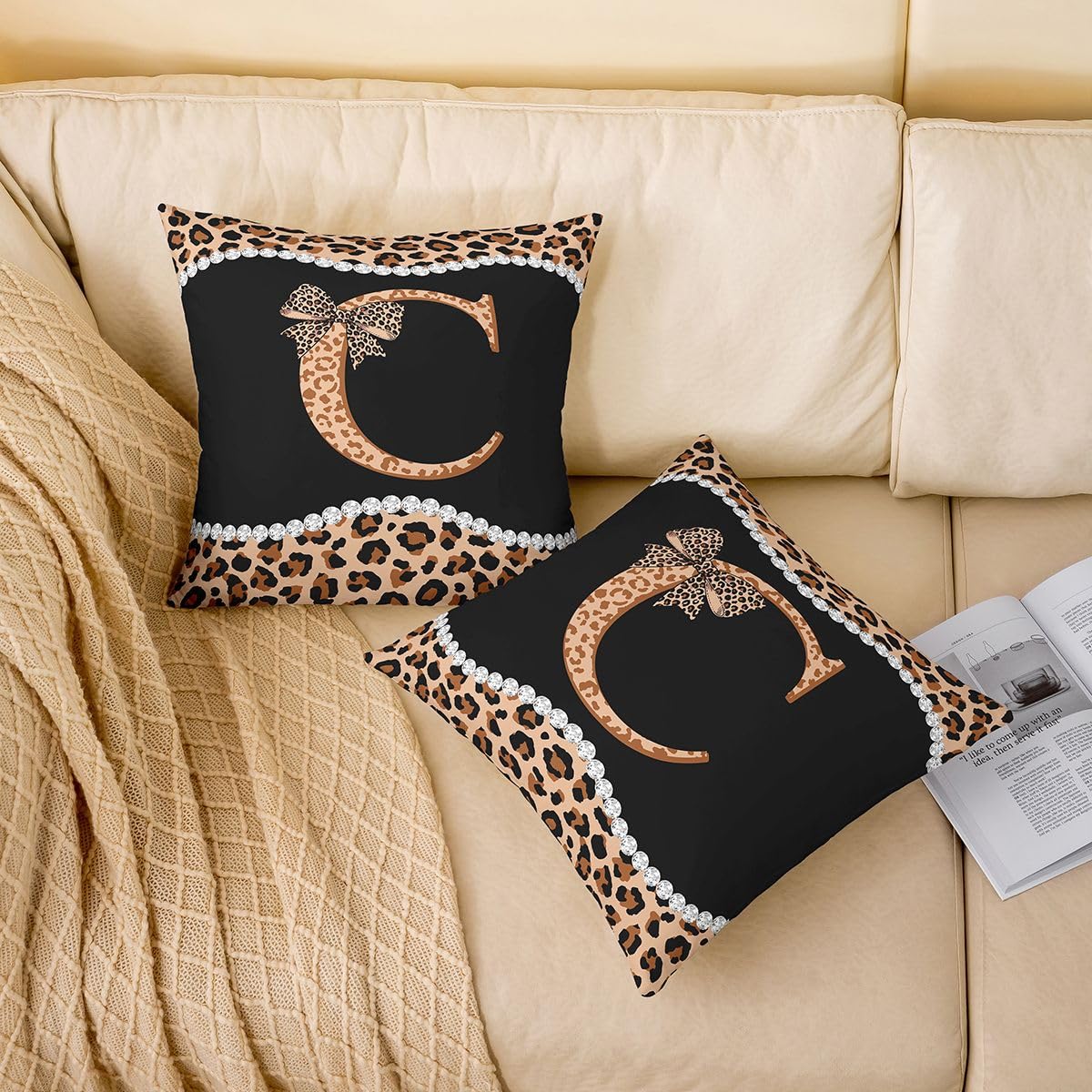 Loussiesd Juego de 4 fundas de cojín con lazo de guepardo marrón de 50 x 50 cm, funda de cojín con lazo de coqueta con inicial letra C, decoración de leopardo, para interiores y exteriores, súper