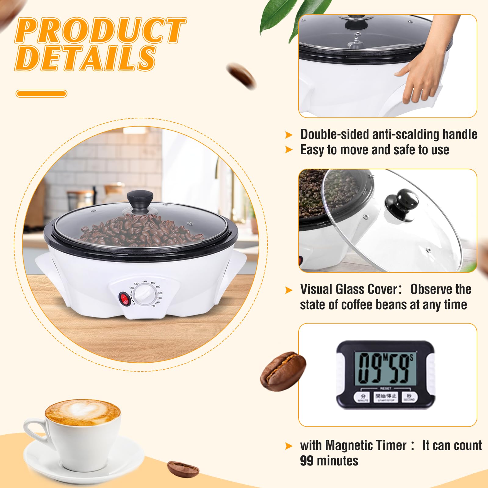YUCHENGTECH Torréfacteur de Café 500g Torréfacteur de Grain de Café Machine à Torréfier le Café 0-240℃ Torrefacteur Cafe Grain avec Minuterie 1200W
