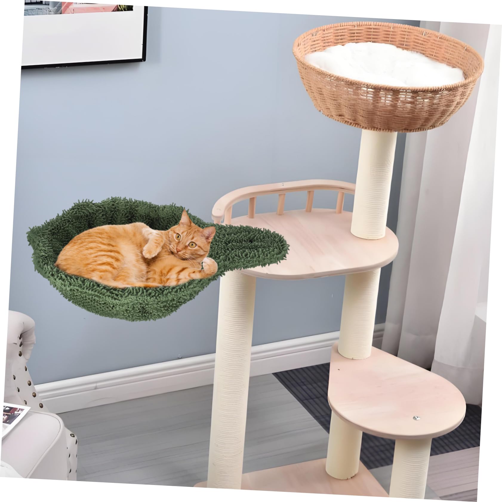 WOONEKY Nido Sospeso per Gatti da Interno in Flanella Verde Struttura in Acciaio, Amaca Elegante Multifunzionale Facile da Installare per Grandi Felini