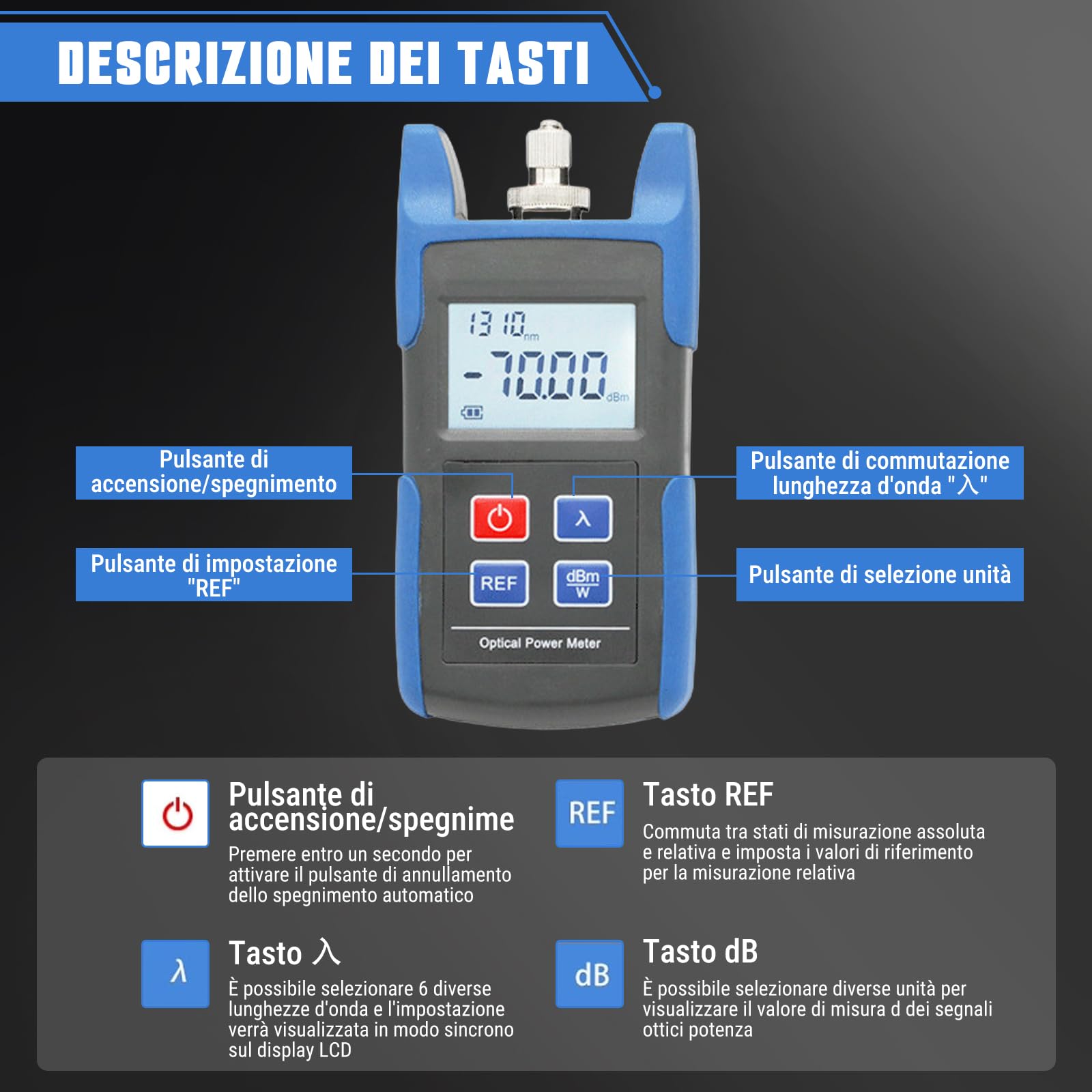 Tester elettrico TL510 misuratore di potenza ottica, rilevatore di potenza ottica con strumento di misura ad alta precisione -70~+10dBm
