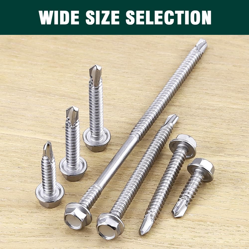 EASTLO #8 x 1 Hex Washer Head Self Drilling Screws, 410 Stainless Steel Sheet Metal TEK Screws, Quick Self Tapping, Hex Bit Included, 100 pcs