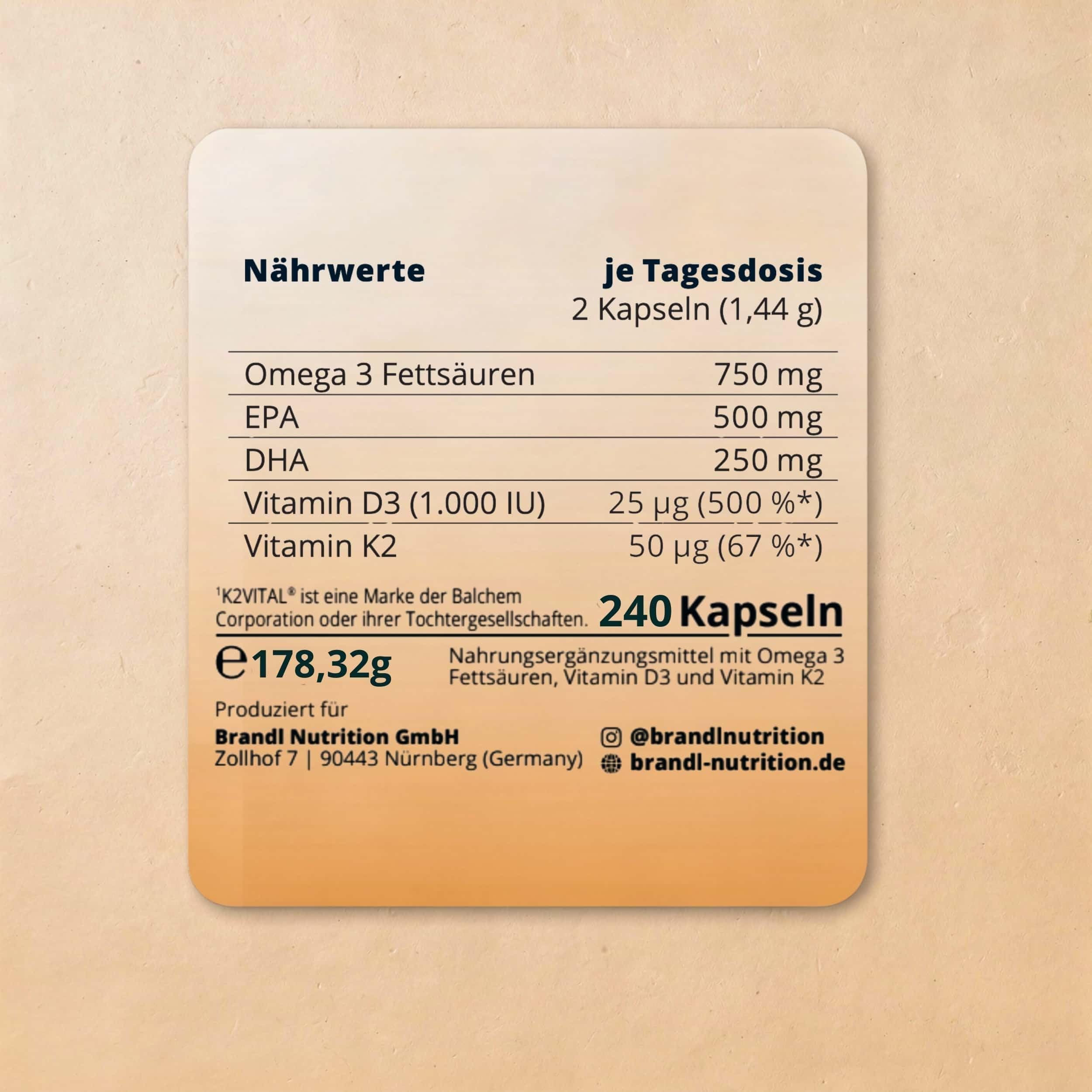 Vitamin D3 K2 Omega 3 Premium Kapseln hochdosiert – Made in Germany mit Fischöl Omega 3 – Optimiert für Sportler – 240 Kapseln – unabhängig laborgeprüft Verhältnis 2:1 EPA - DHA