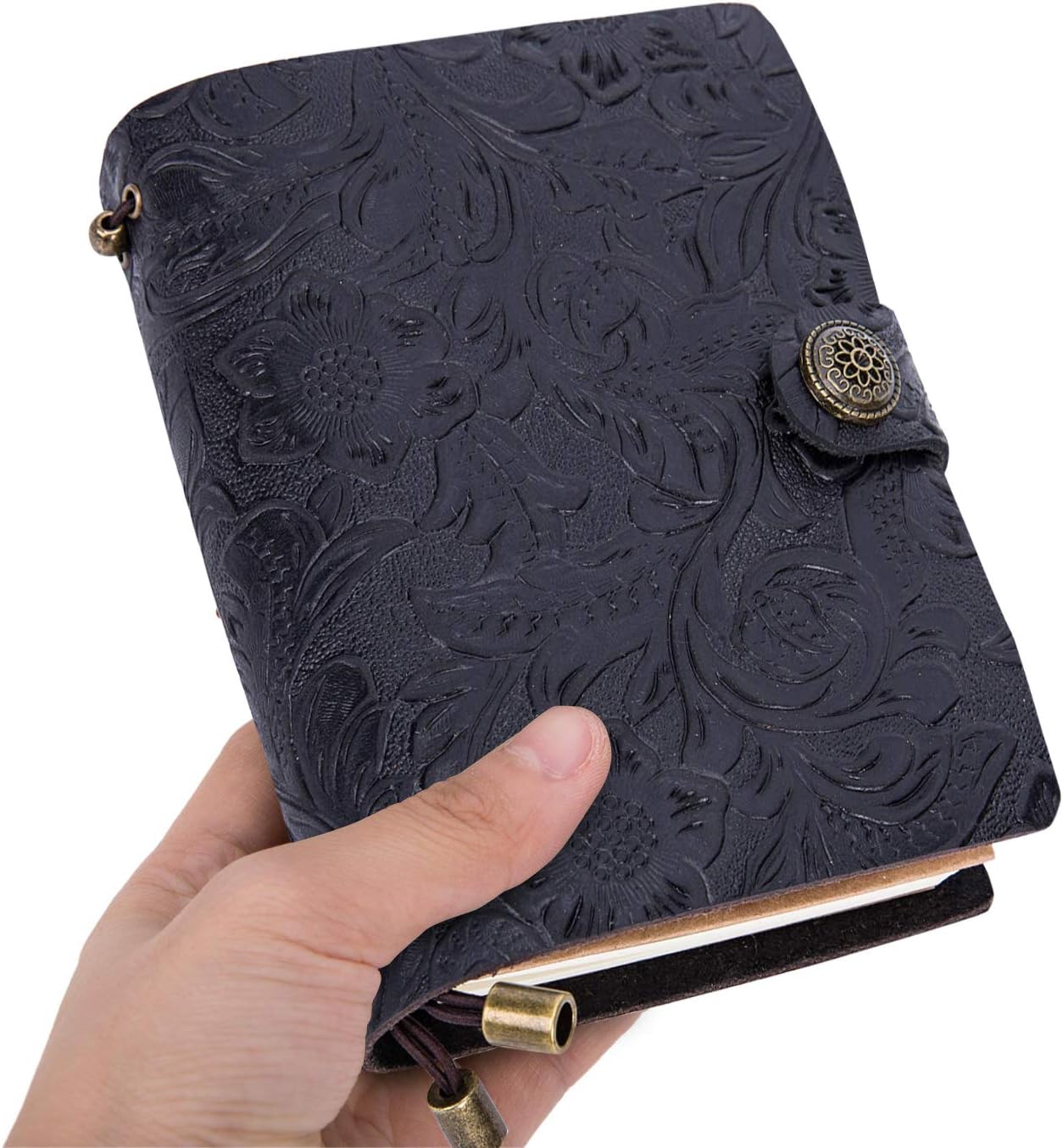 Leather Travel Journal Personal Organiser, UBAYMAX Bound Refillable Handmade Journal Personalized Notebook, A6 Vintage Embossed Travel Journal Diary, Gift for Women Student 5.5 * 4.3” Embossed Black
