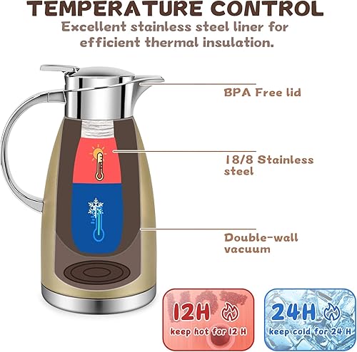 Miniatura 2 de Jarra de café de 61 onzas con aislamiento térmico de acero inoxidable para café, agua caliente, té, bebidas calientes, mantiene 12 horas calientes,