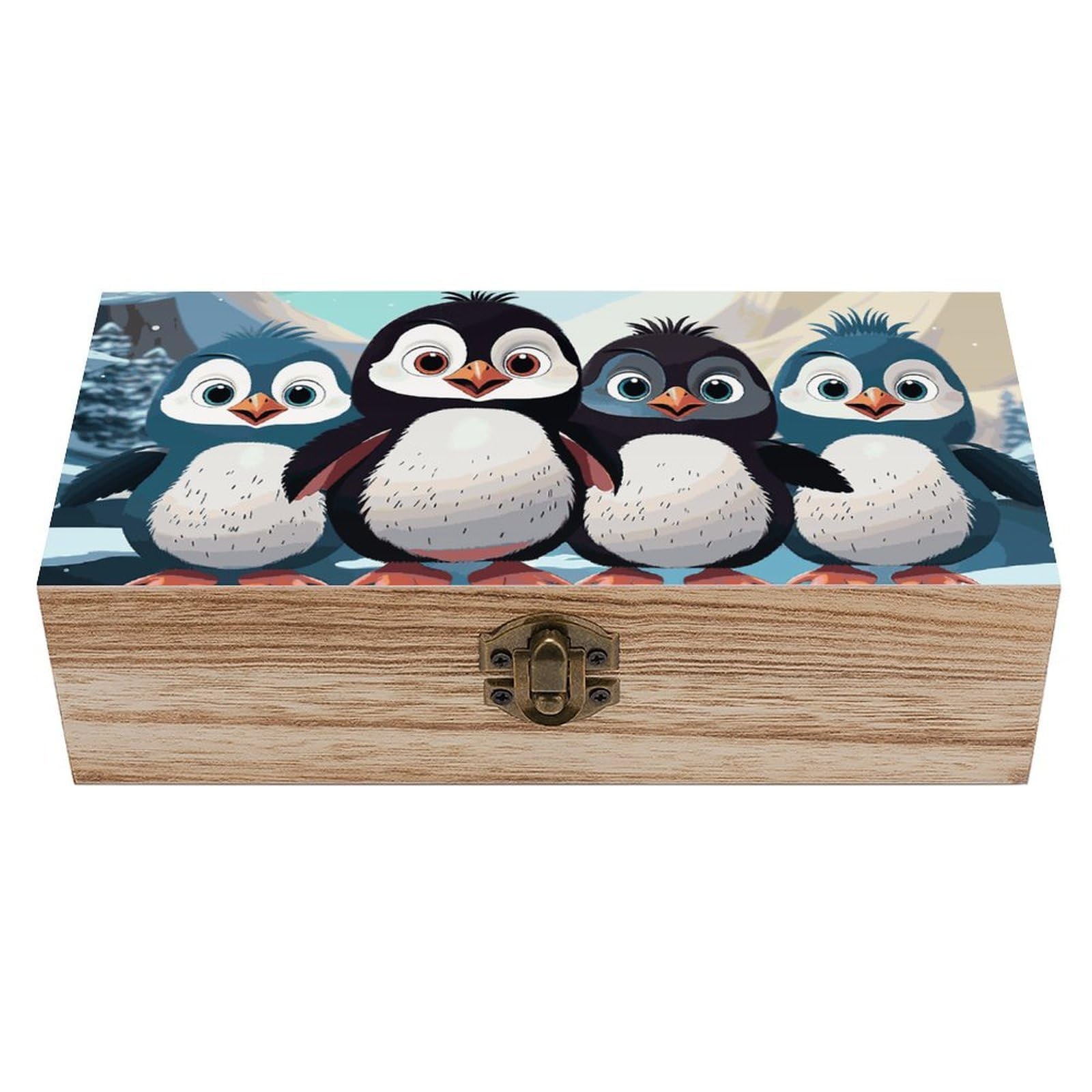 FekiLoot Five Cute Penguins Wooden Keepsake Box Decorative Wood Storage Organizer with Hinged Lid Large Handmade Boxes Wedding Memory Treasure Box for Jewelry Photos Stamps Crafts