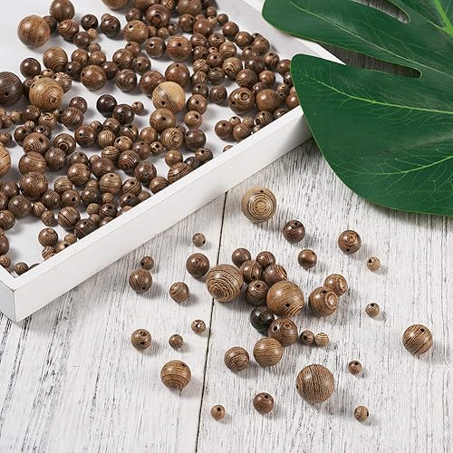 Miniatura 4 de Craftdady 790 cuentas redondas de madera de rayas naturales de 5 tamaños con 1 rollo de hilo de cristal para fabricación de joyas y manualidades