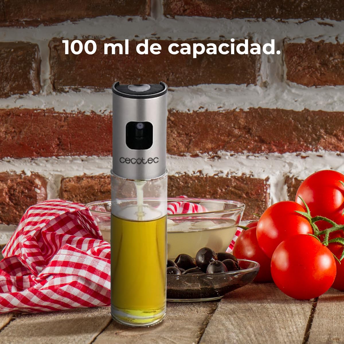 Cecotec Aceitera de Spray Polka OilSpray 1000 Cecofry. Cuerpo de Vidrio Resistente y Transparente y Acero Inoxidable 304, Capacidad 100ml, Dosis de Aceite Justa, Uso Cómodo