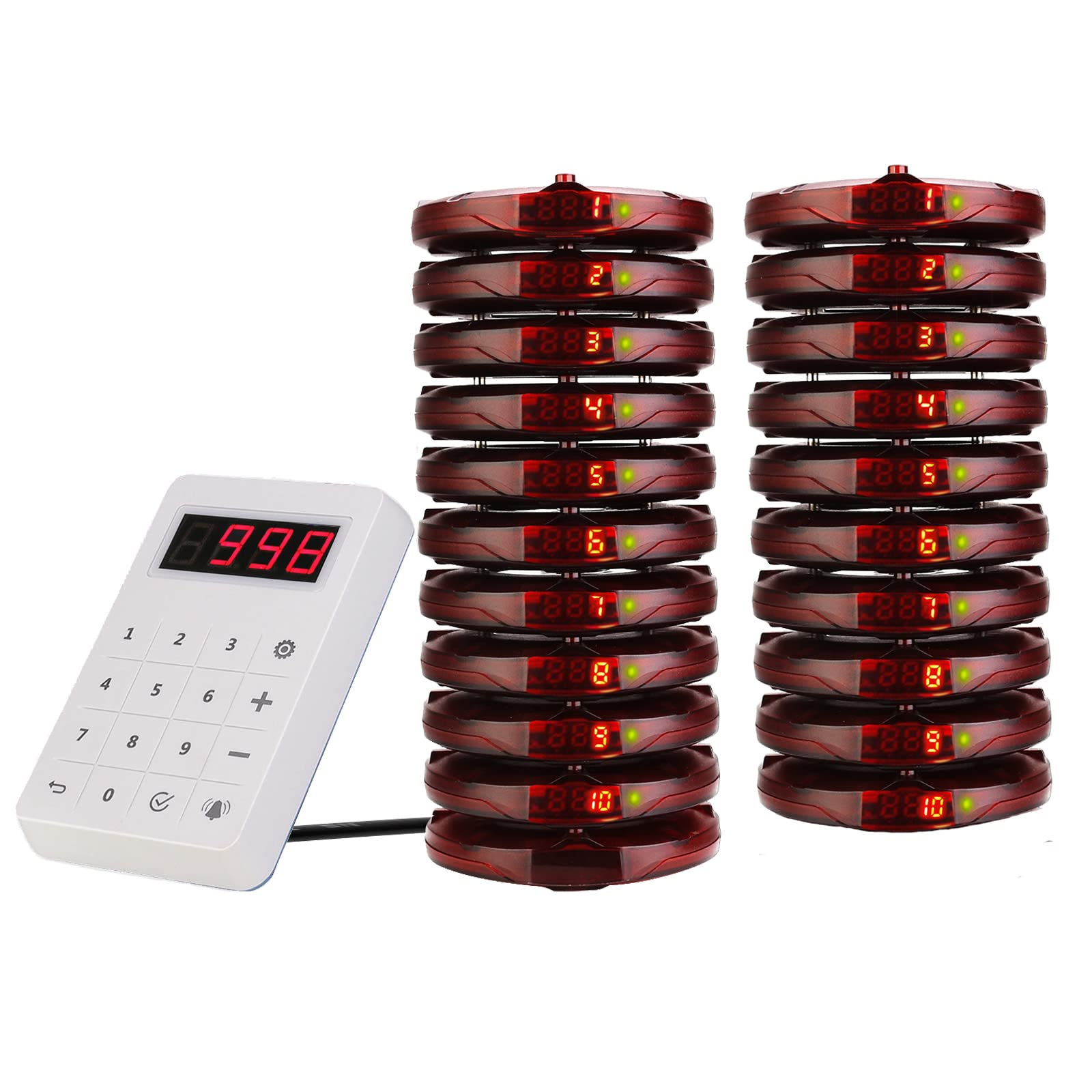 Retekess TD158 Cercapersone Ristorante Wireless, 500M Pager Ristorante, Tubo Numerico a LED, 998 Canali, Cercapersone per Ristorante, Hotel, Scuola (1 Host di Trasmittente + 20 Cercapersone)