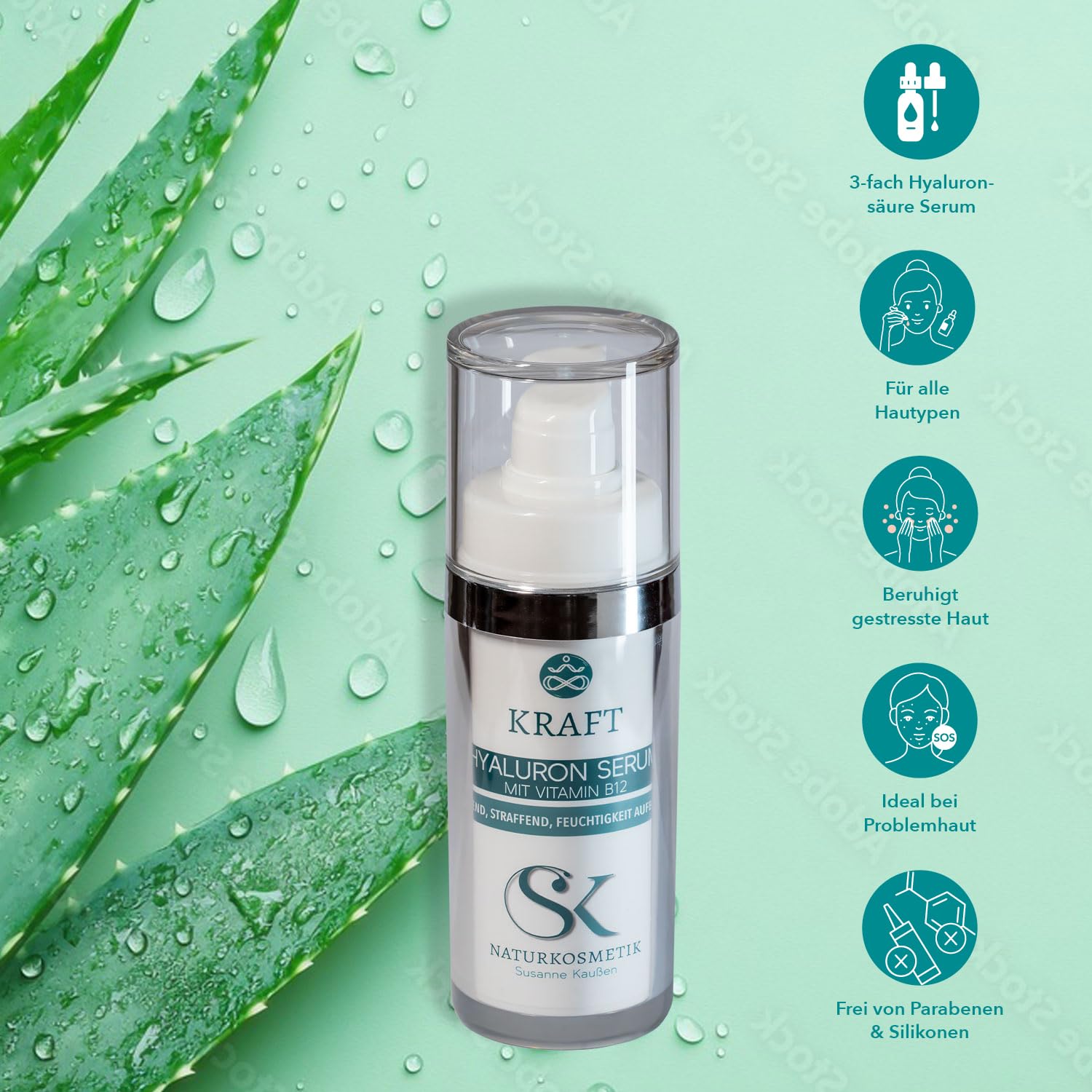 SK Naturkosmetik KRAFT Hyaluron Serum – 3-fach Hyaluronsäure Serum mit Vitamin B12, Aloe Vera & Vitamin E | Anti-Aging Naturkosmetik, feuchtigkeitsspendend, regenerierend, bei Rosacea