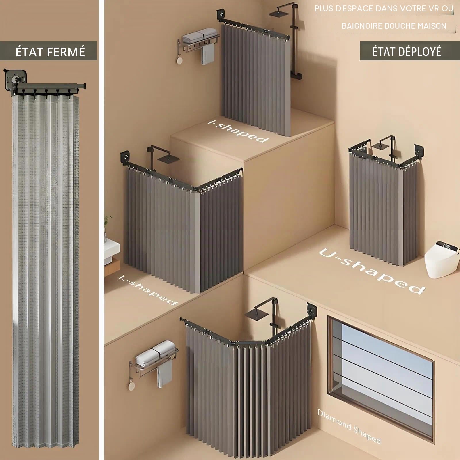 Cinq Directions Barre de Douche Pliable avec Rideau - Tringle de Douche en Aluminium à 5 Sections, Ventouses Incluses - Idéale pour Salle de Bain, Chambre, Balcon et Angle de Baignoire