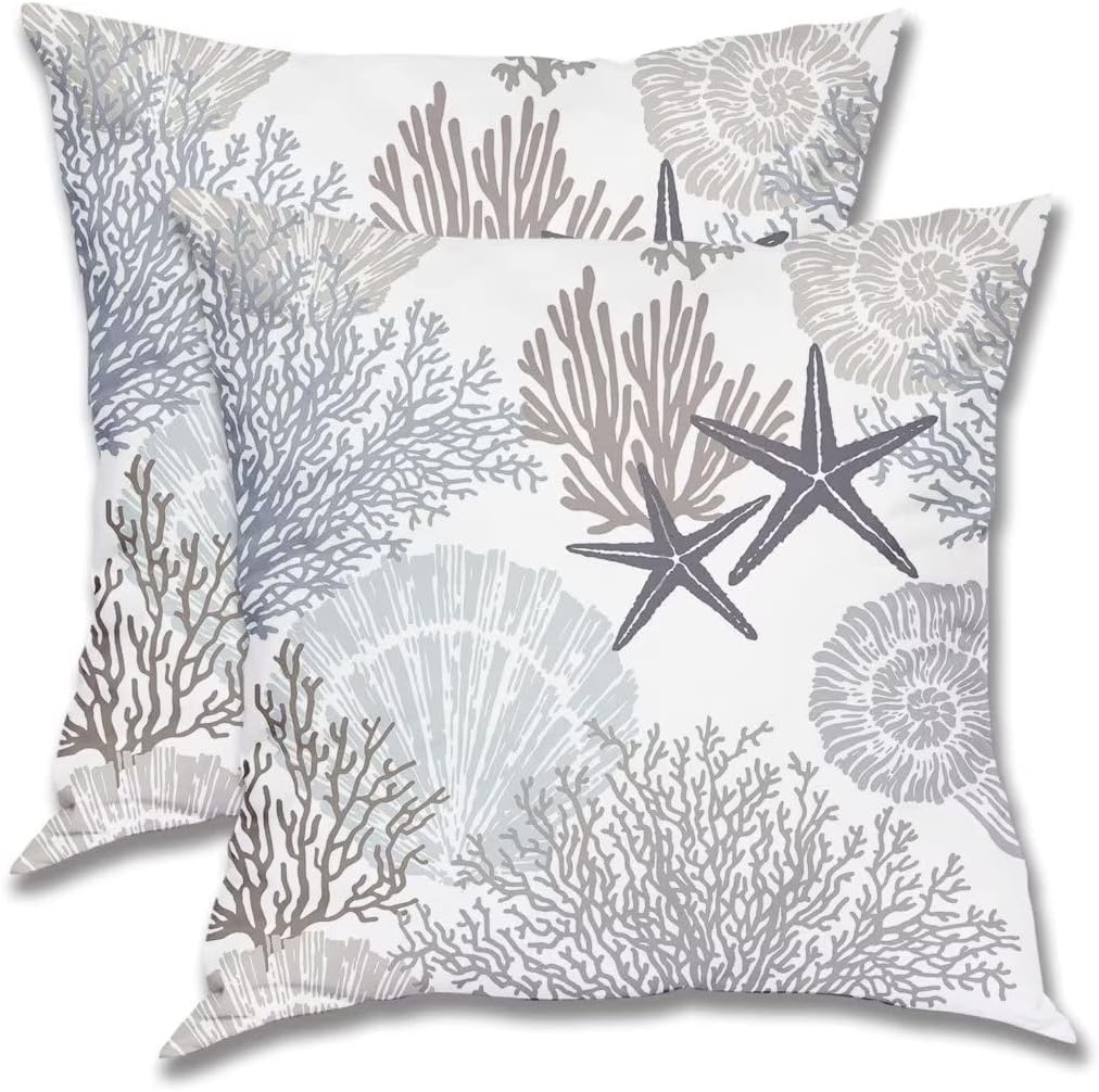 Ocean Starfish Throw Pillow Cover 18 X 18 Inch Pack of 2, Summer Nautical Coastal Themed Pillow Covers Square Cushion Farmhouse Beach Seashell Coral Pillow Cases for Bedroom Living Room Patio - Brown