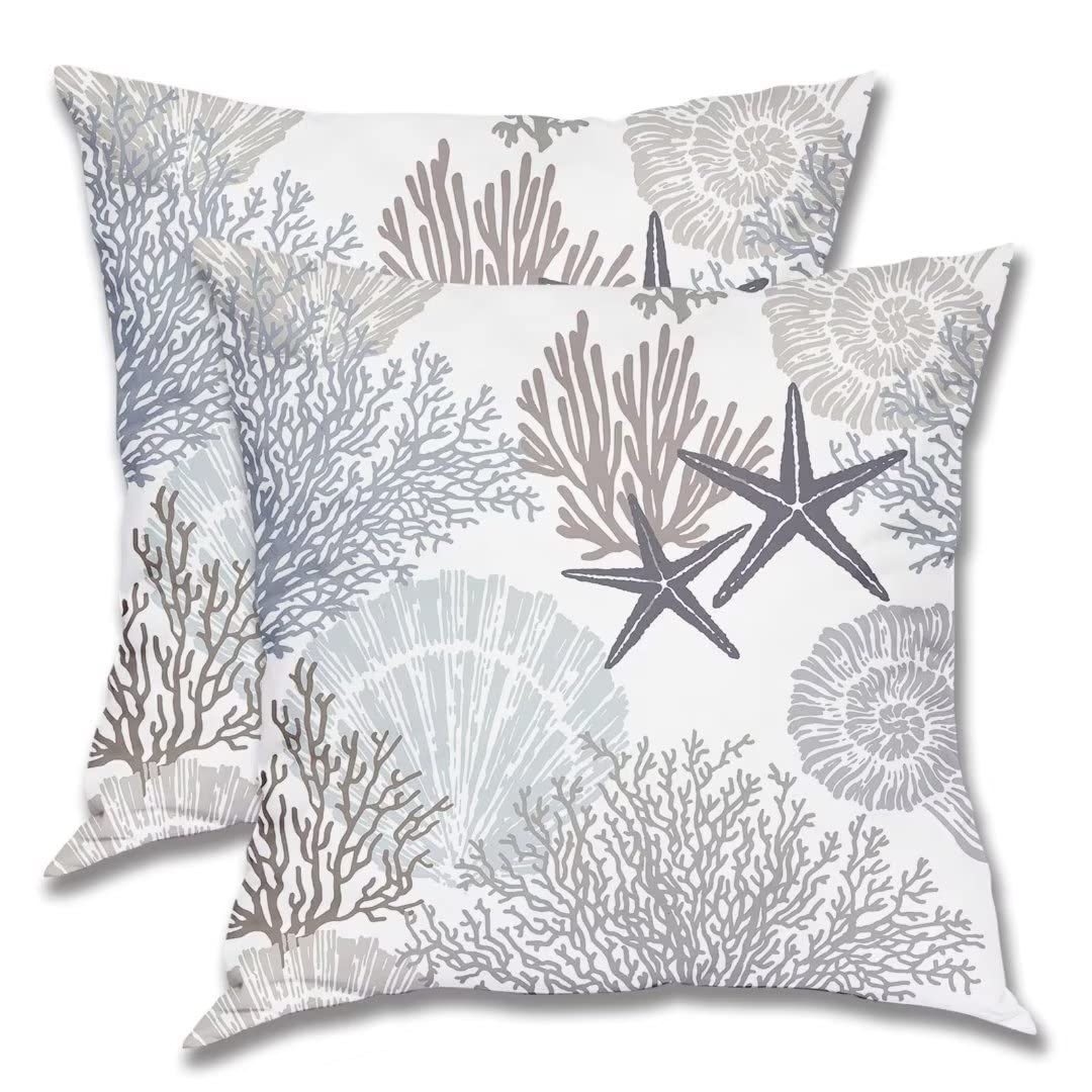 Ocean Starfish Throw Pillow Cover 18 X 18 Inch Pack of 2, Summer Nautical Coastal Themed Pillow Covers Square Cushion Farmhouse Beach Seashell Coral