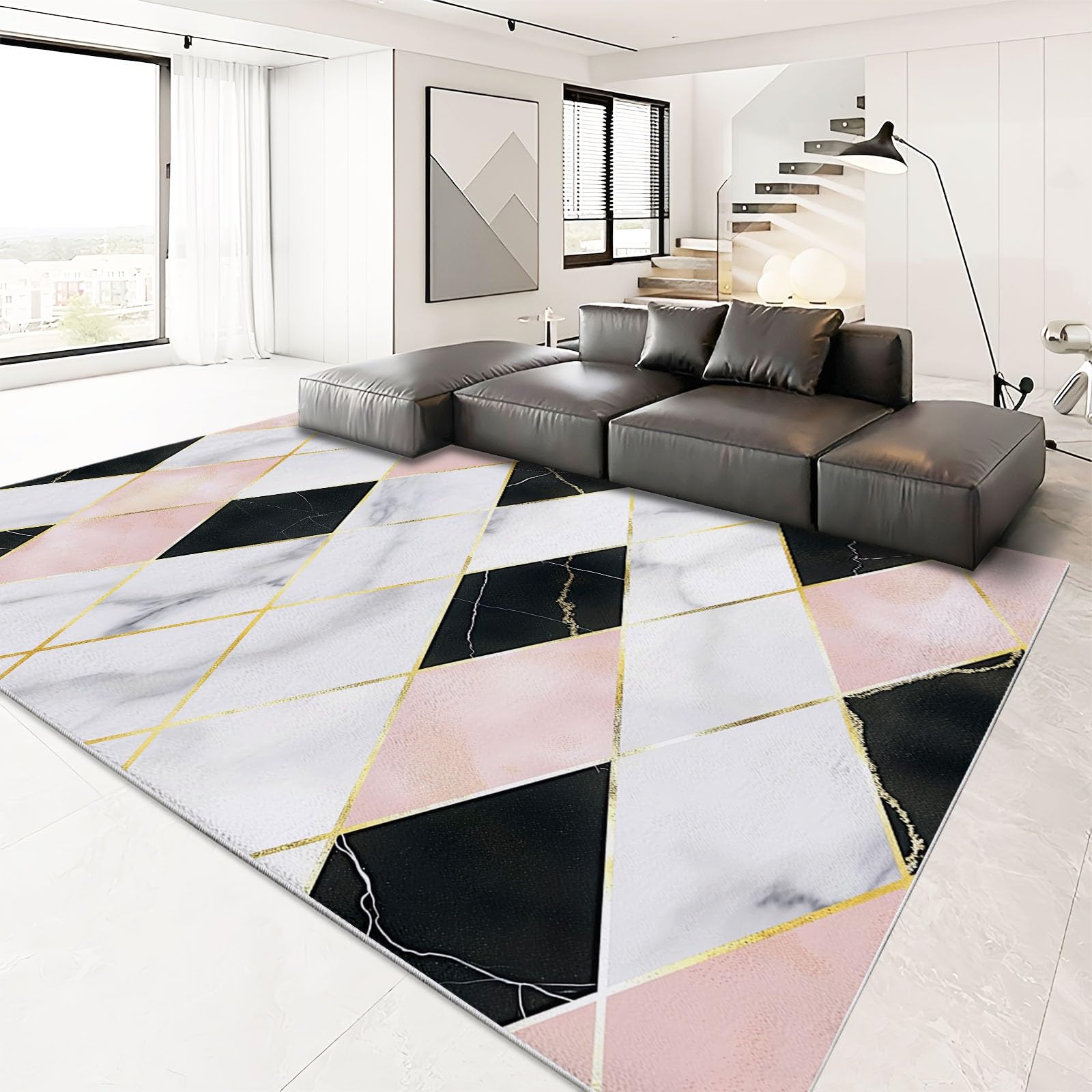 Różowy dywanik dywaniki do salonu sypialni 180 x 250 cm marmurowy geometryczny romb mata podłogowa z nadrukiem miękkie dywany duży dywan do jadalni domu biura kuchni