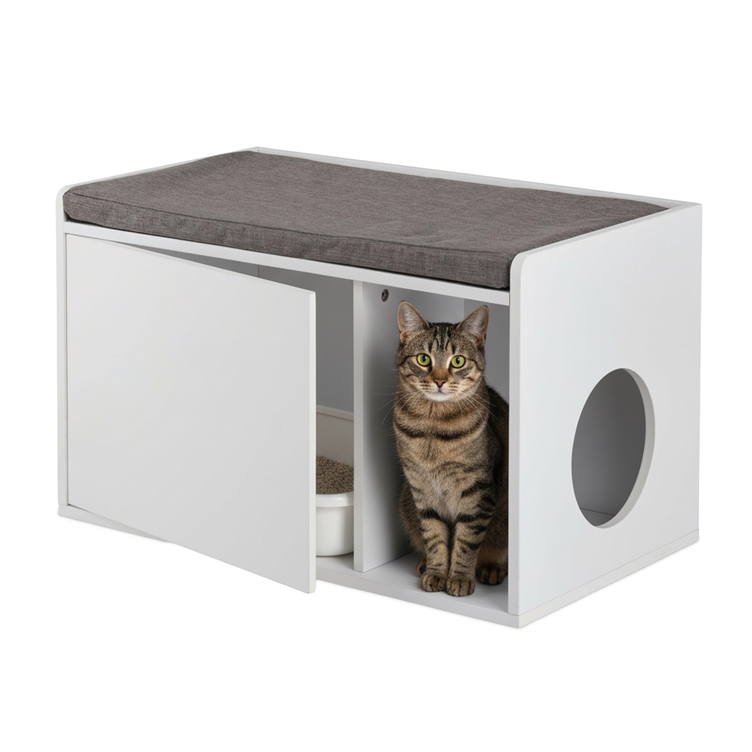 Relaxdays Mueble Arenero Gatos Asiento, 2 en 1, Cómoda Felinos con Banco, 45,5 x 75 x 43 cm, Baño Gatitos, Blanco y Gris