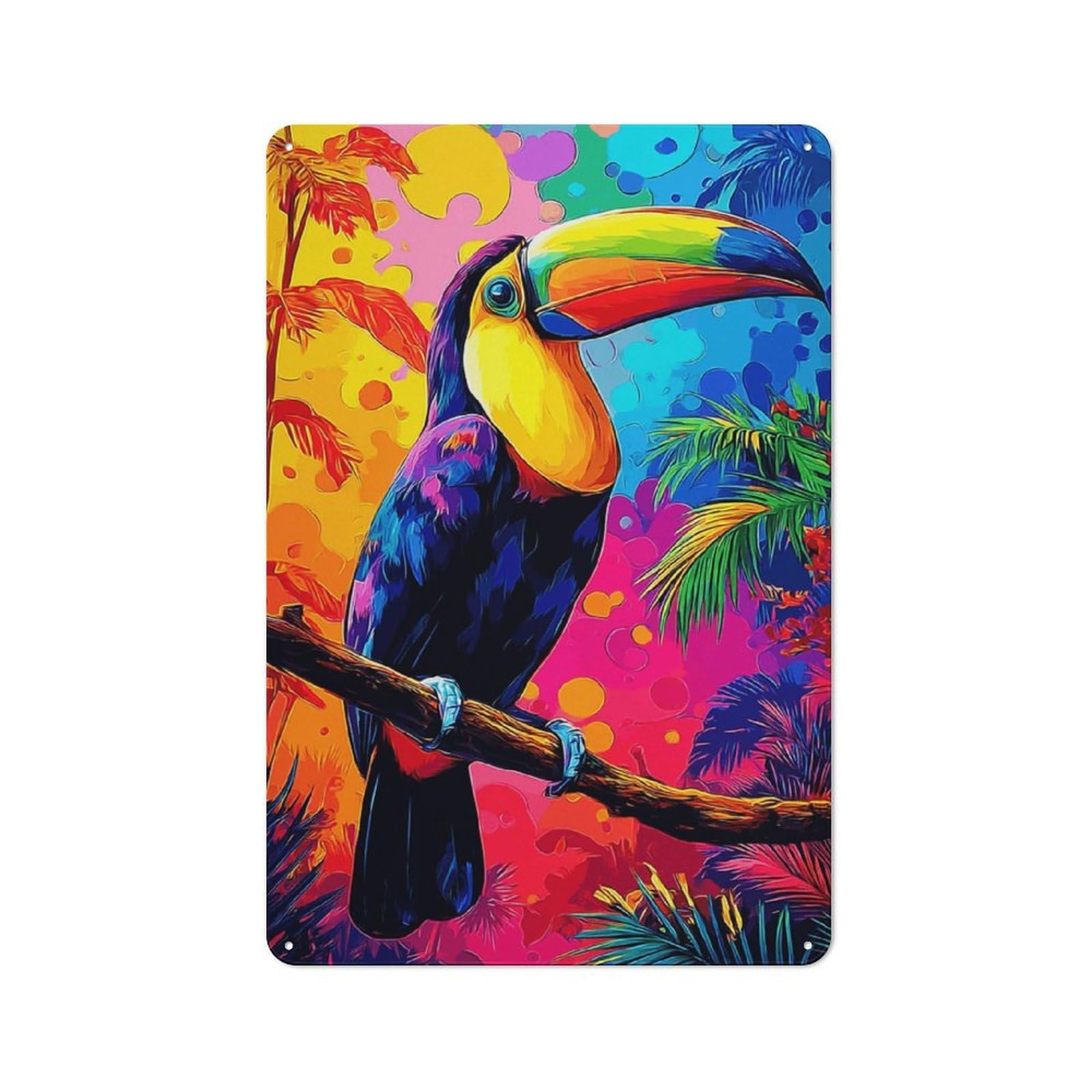 Retro Vibrant Toucan in Tropical Paradise -5 Metal Gift Sign 30x20cm, Small Space Decor for Bedroom, Kitchen, Office Or Living Room