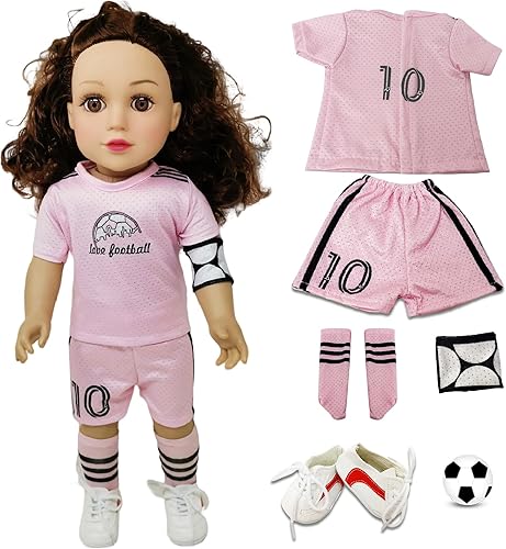 Accesorios de ropa para muñecas de 18 pulgadas. El paquete incluye brazalete de capitán, camisa, pantalones cortos, calcetines, zapatos y fútbol